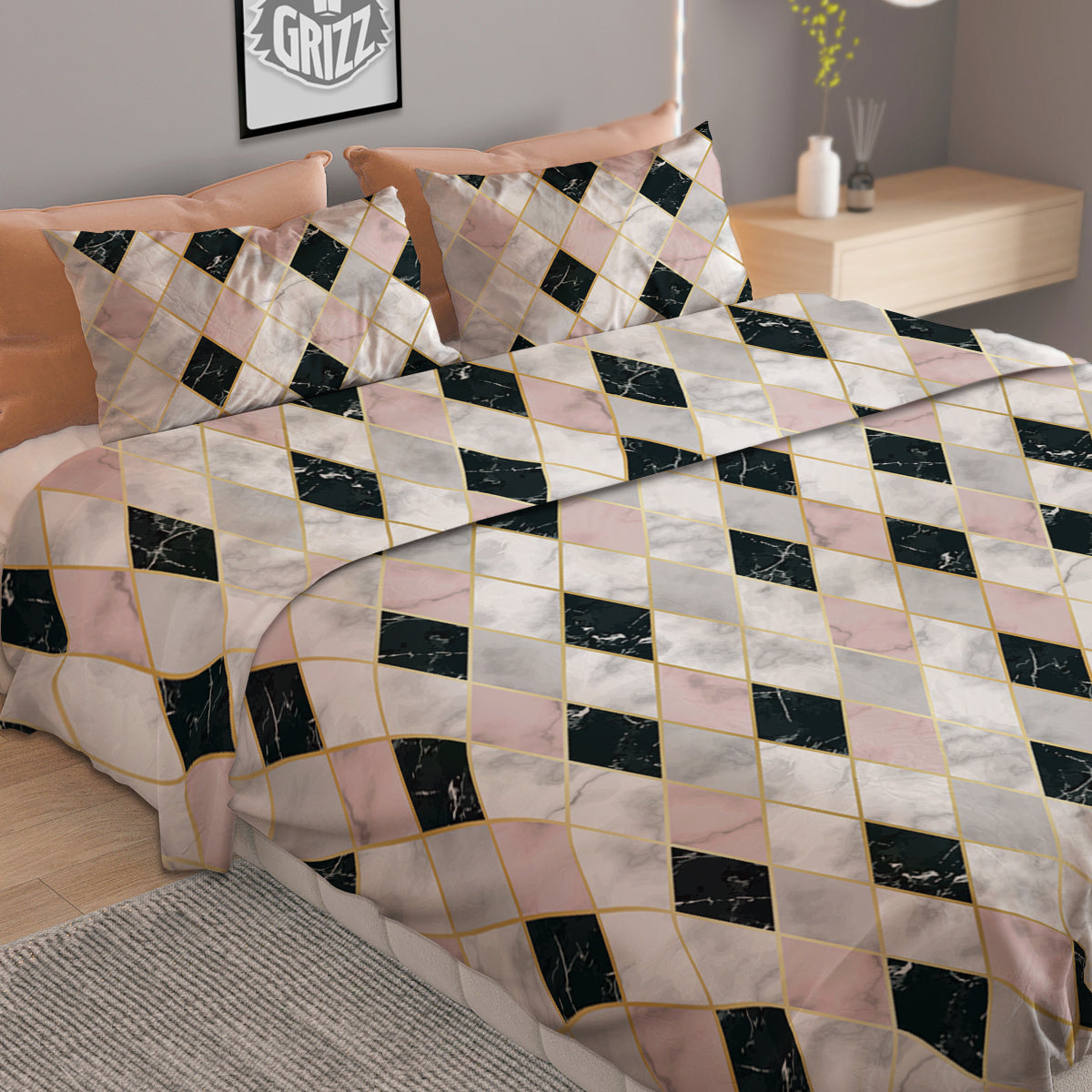 Marble Argyle White Pink And Black Print Duvet Cover Bedding Set