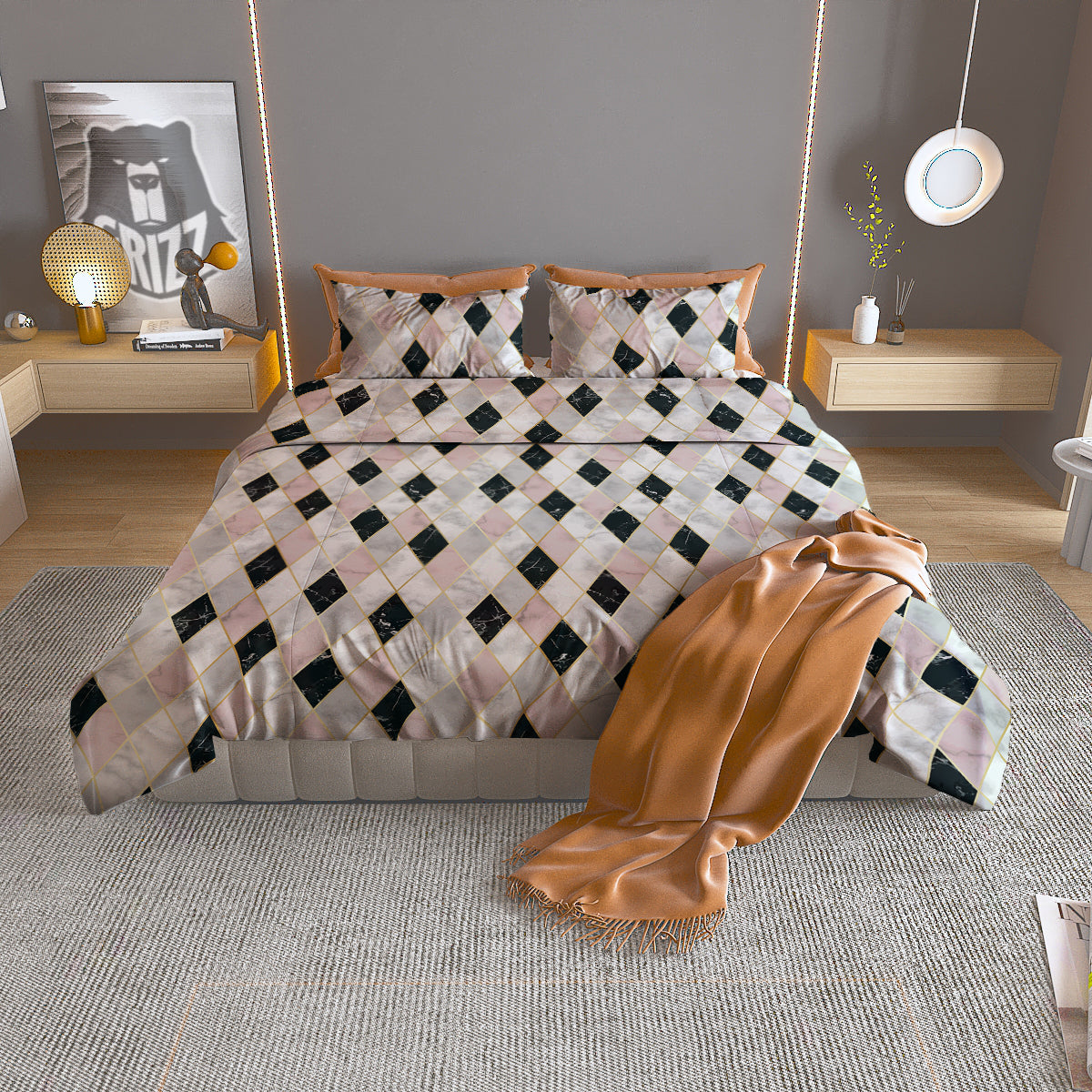 Marble Argyle White Pink And Black Print Duvet Cover Bedding Set