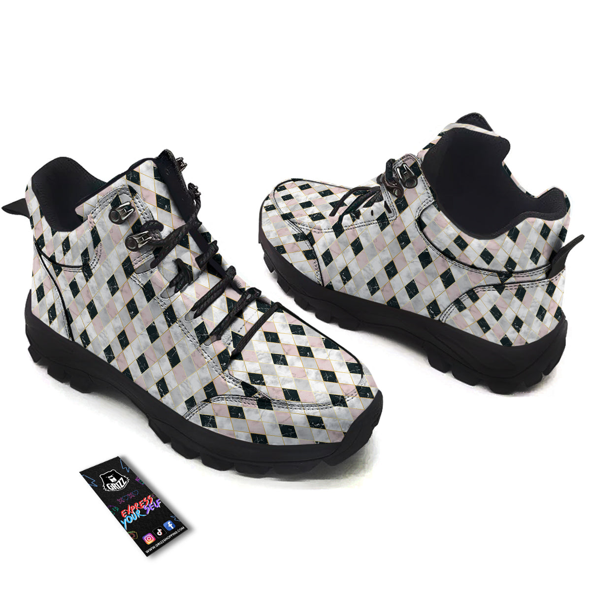 Marble Argyle White Pink And Black Print Hiking Shoes-grizzshop