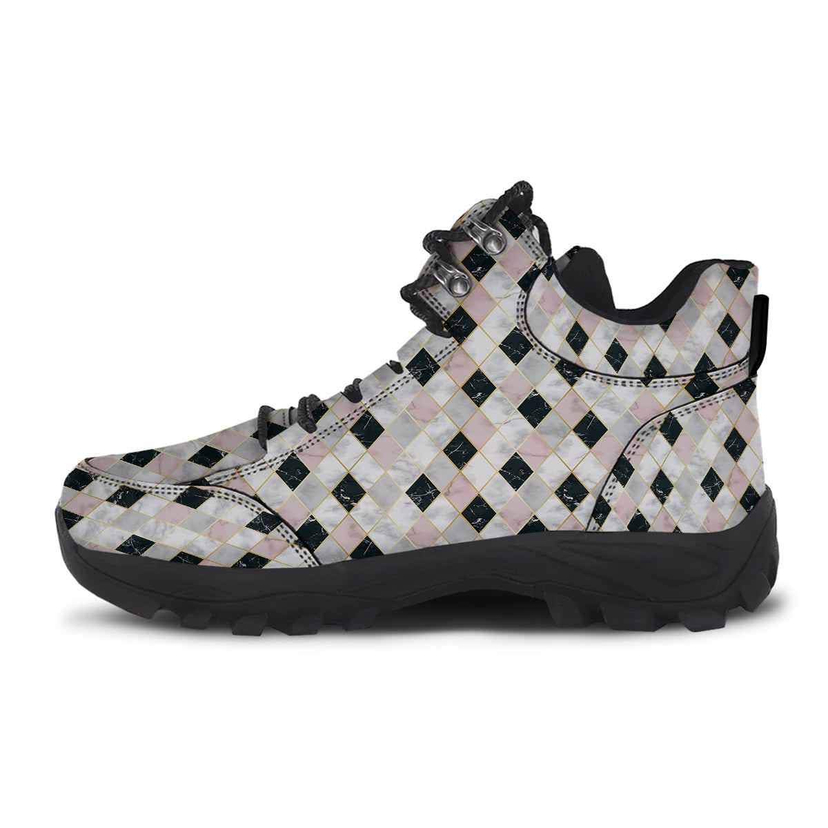 Marble Argyle White Pink And Black Print Hiking Shoes-grizzshop