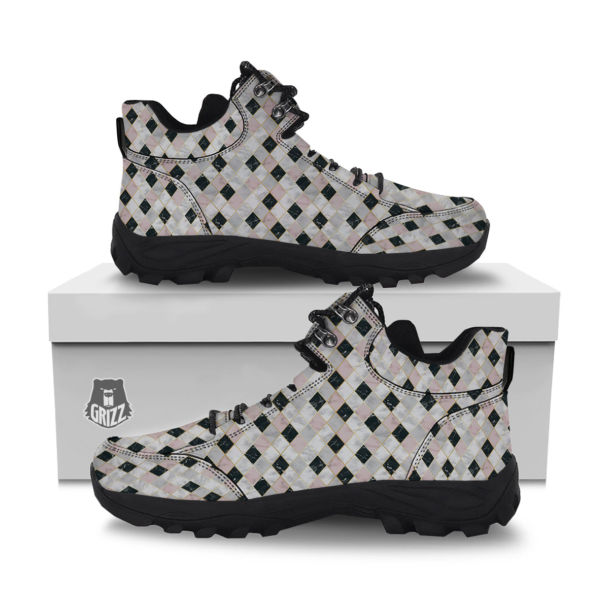 Marble Argyle White Pink And Black Print Hiking Shoes-grizzshop
