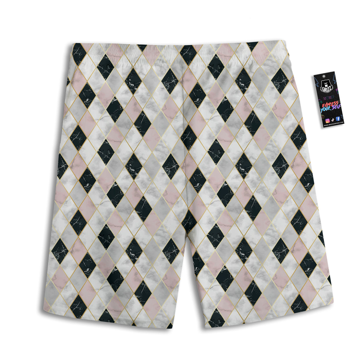 Marble Argyle White Pink And Black Print Men's Athletic Shorts