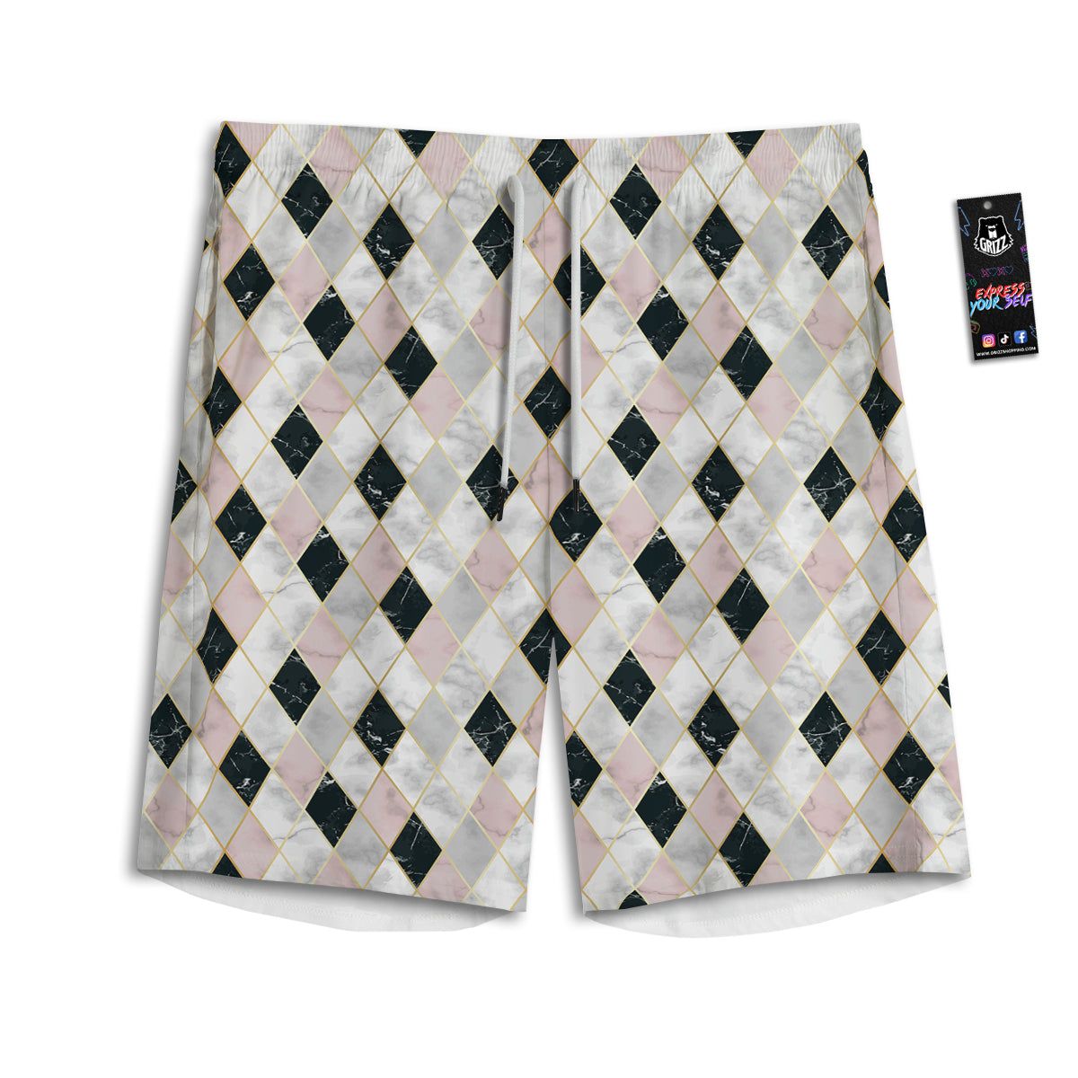 Marble Argyle White Pink And Black Print Men's Athletic Shorts
