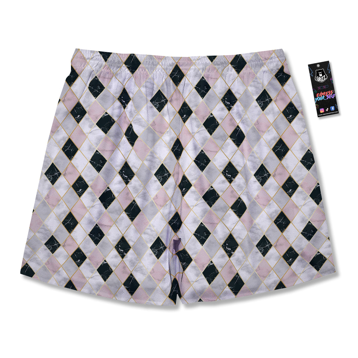 Marble Argyle White Pink And Black Print Men's Running Shorts-grizzshop