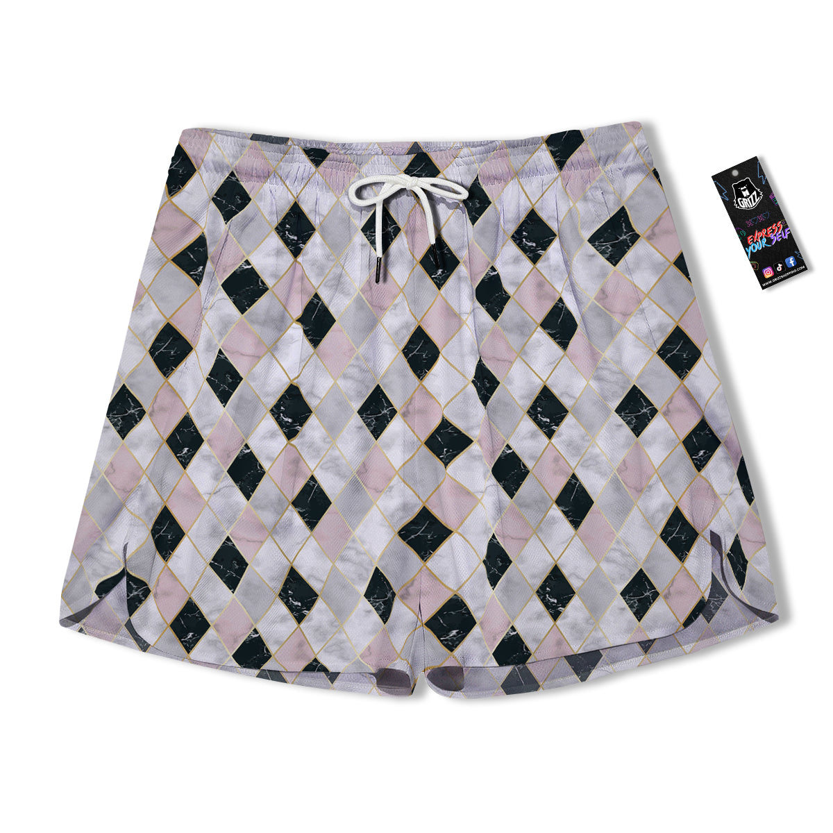 Marble Argyle White Pink And Black Print Men's Running Shorts-grizzshop