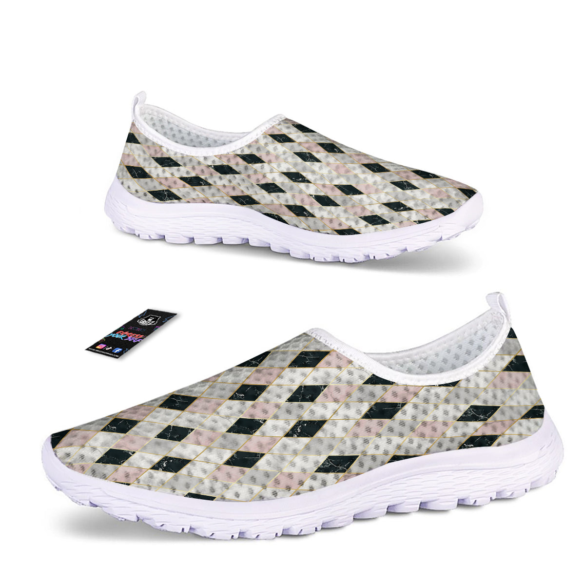 Marble Argyle White Pink And Black Print Nurse Shoes-grizzshop