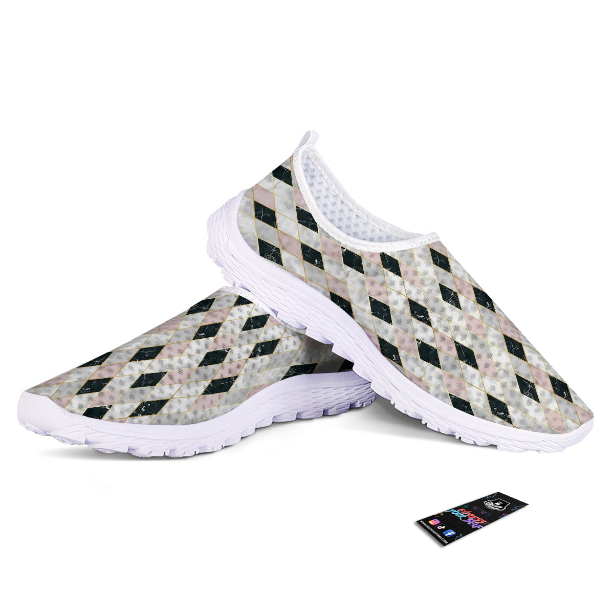 Marble Argyle White Pink And Black Print Nurse Shoes-grizzshop