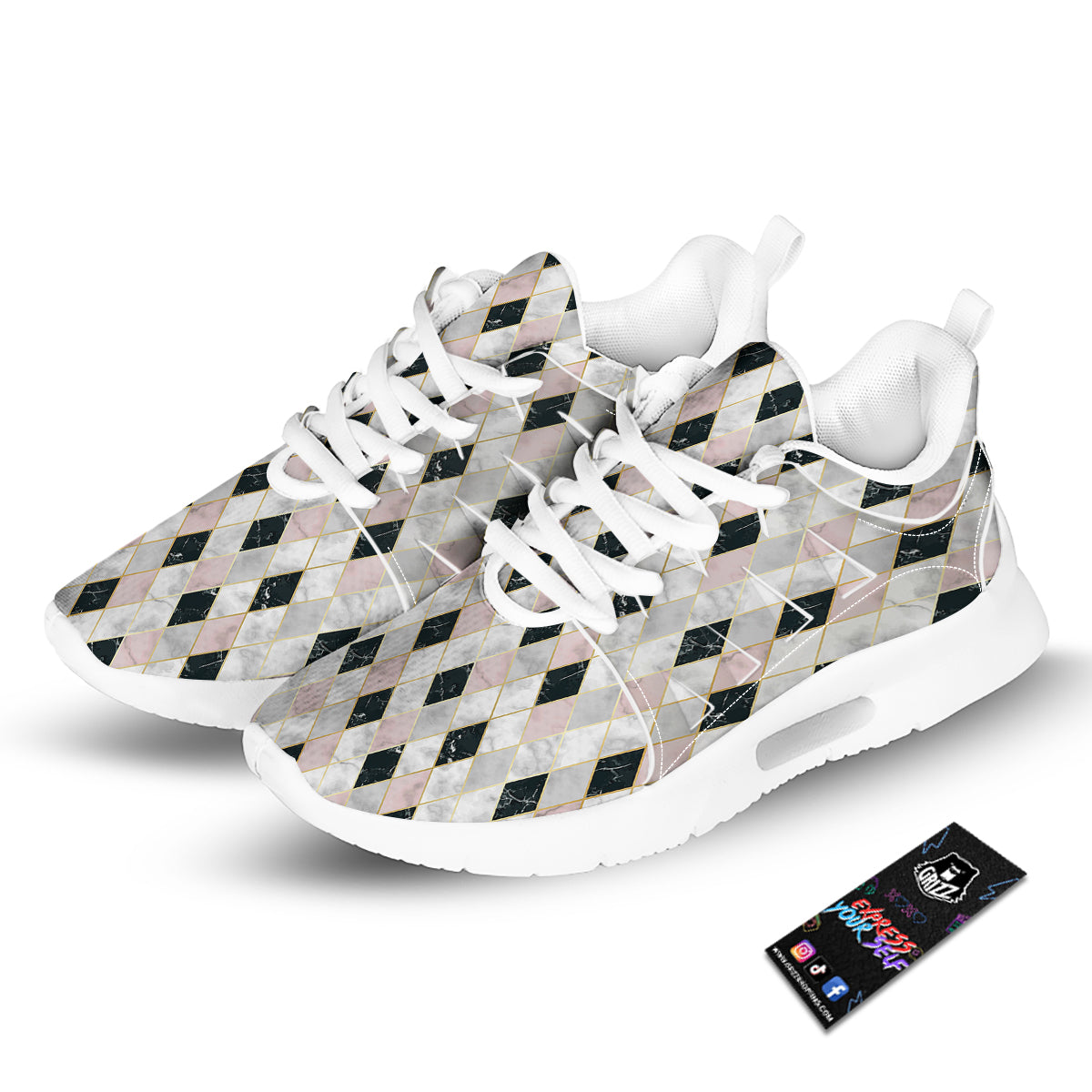 Marble Argyle White Pink And Black Print Tennis Shoes-grizzshop