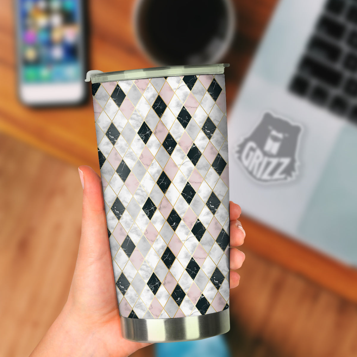 Marble Argyle White Pink And Black Print Tumbler-grizzshop