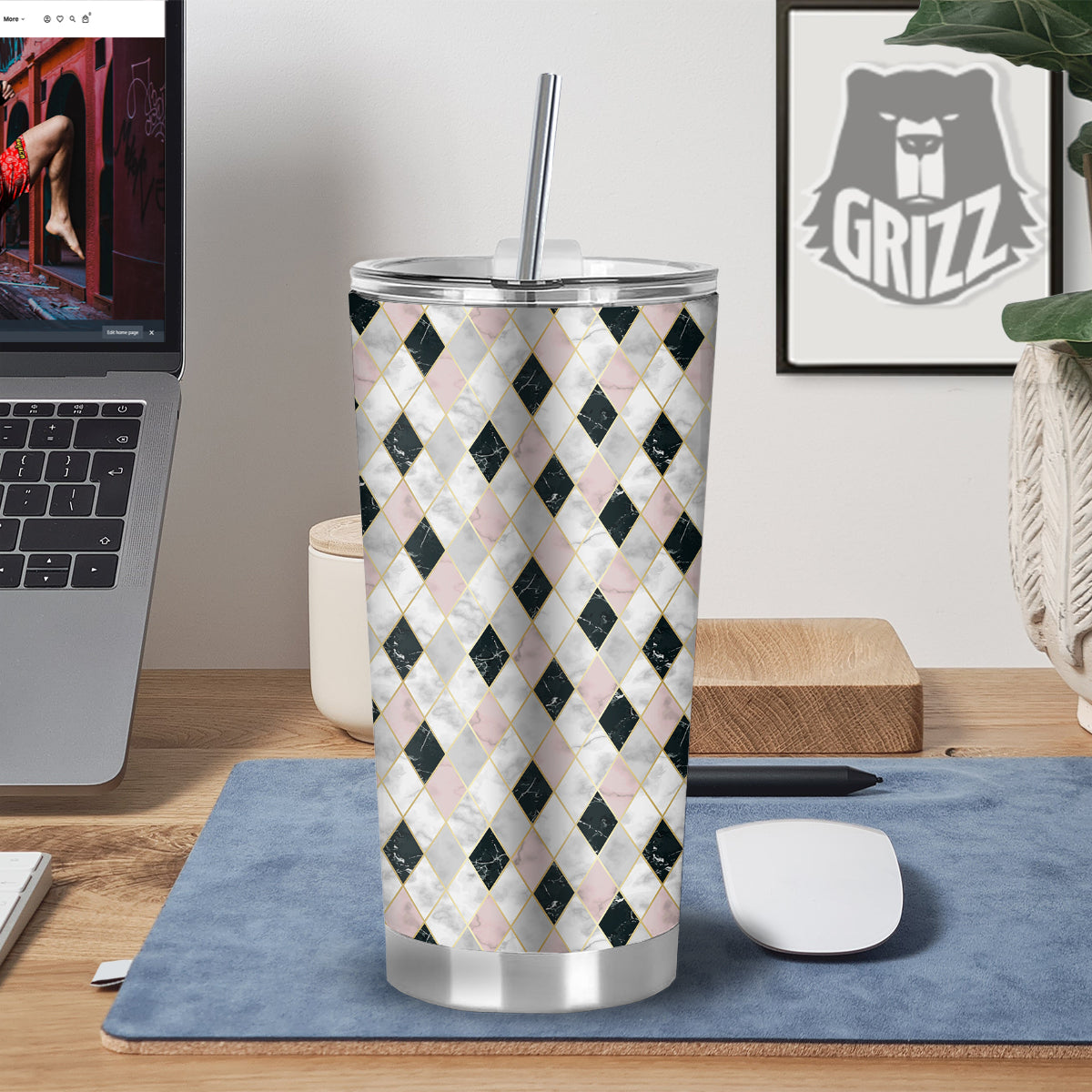 Marble Argyle White Pink And Black Print Tumbler-grizzshop