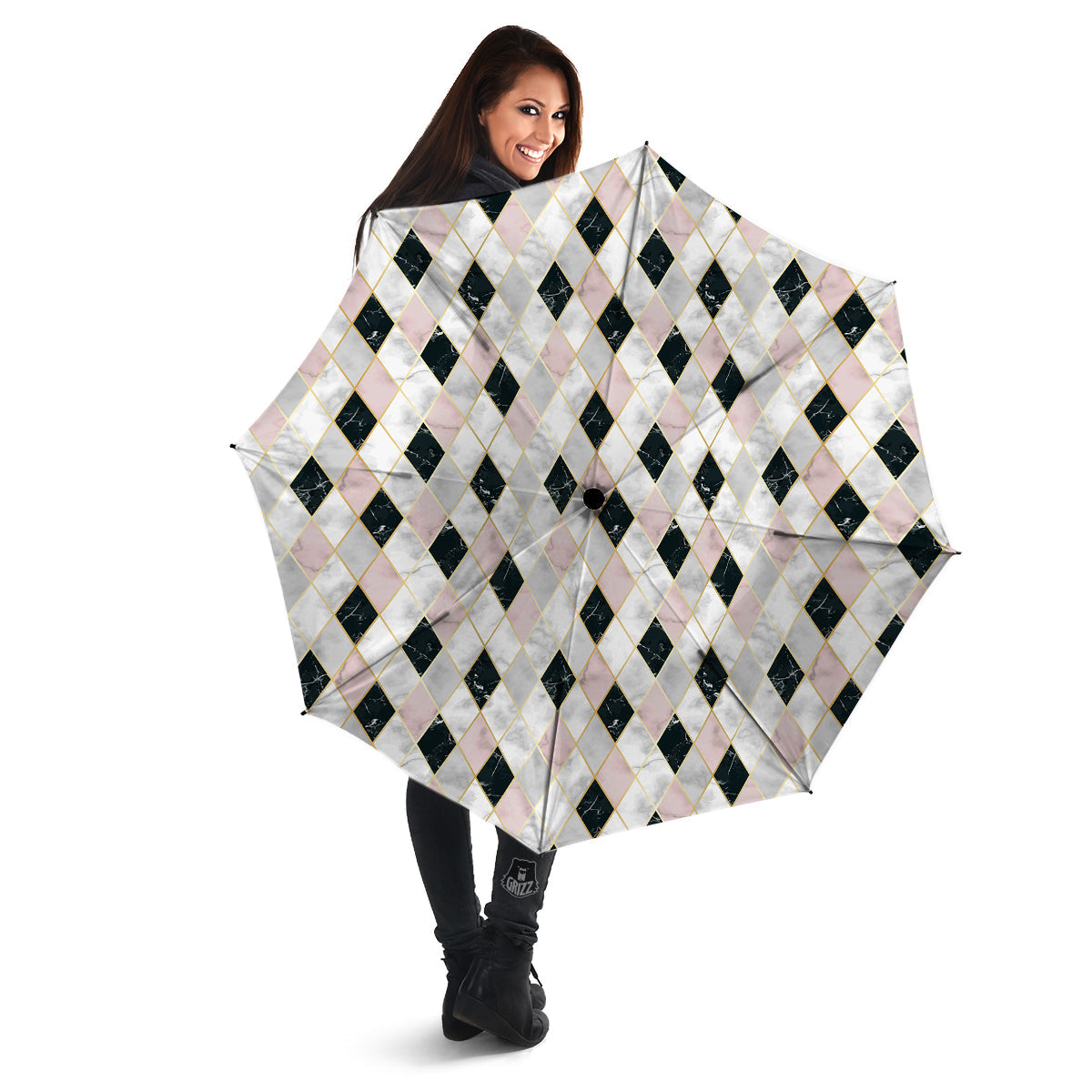 Marble Argyle White Pink And Black Print Umbrella-grizzshop