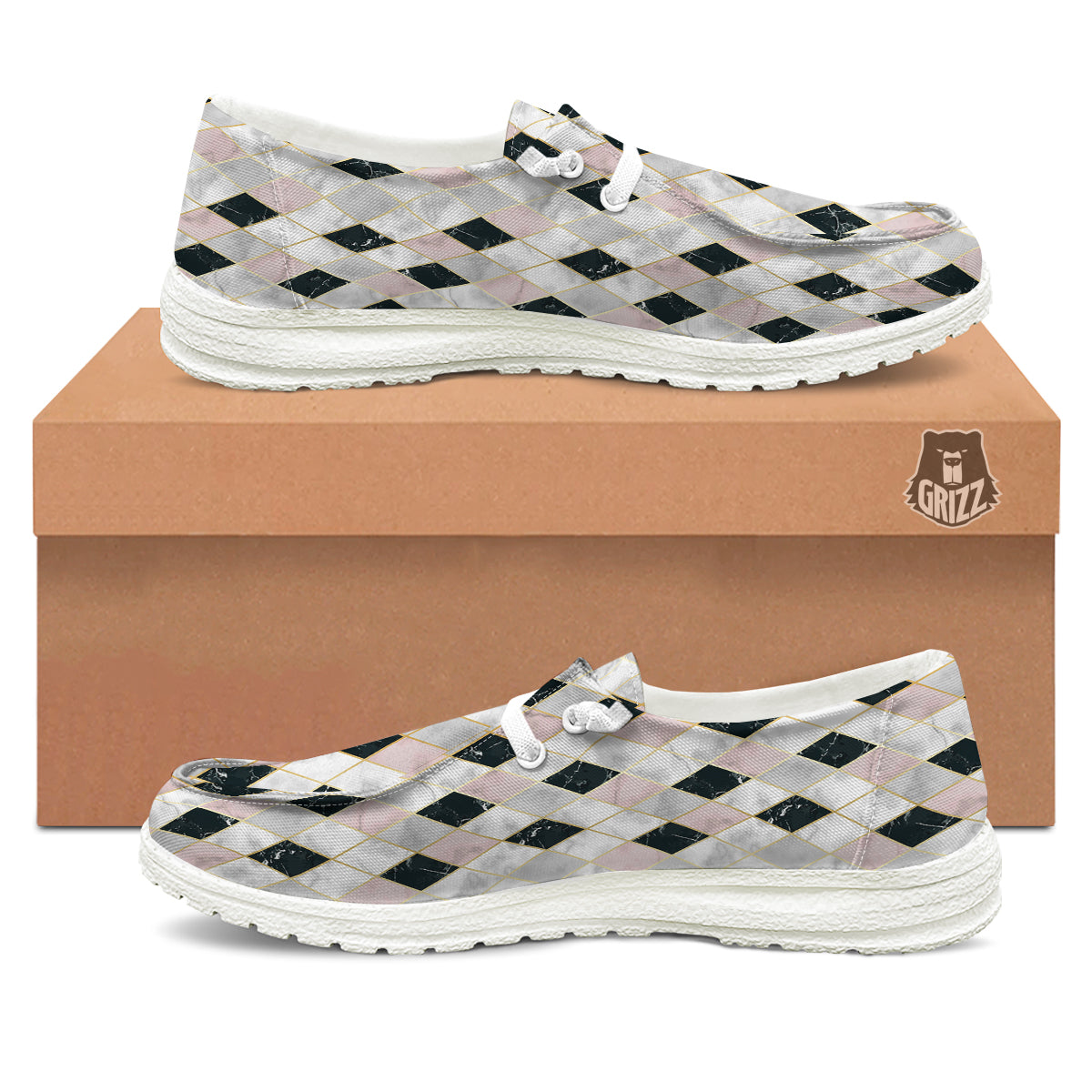 Marble Argyle White Pink And Black Print White Loafers-grizzshop