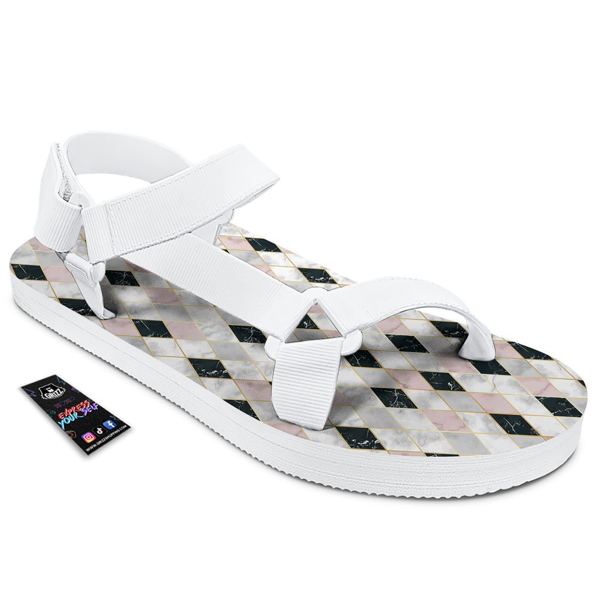 Marble Argyle White Pink And Black Print White Open Toe Sandals-grizzshop