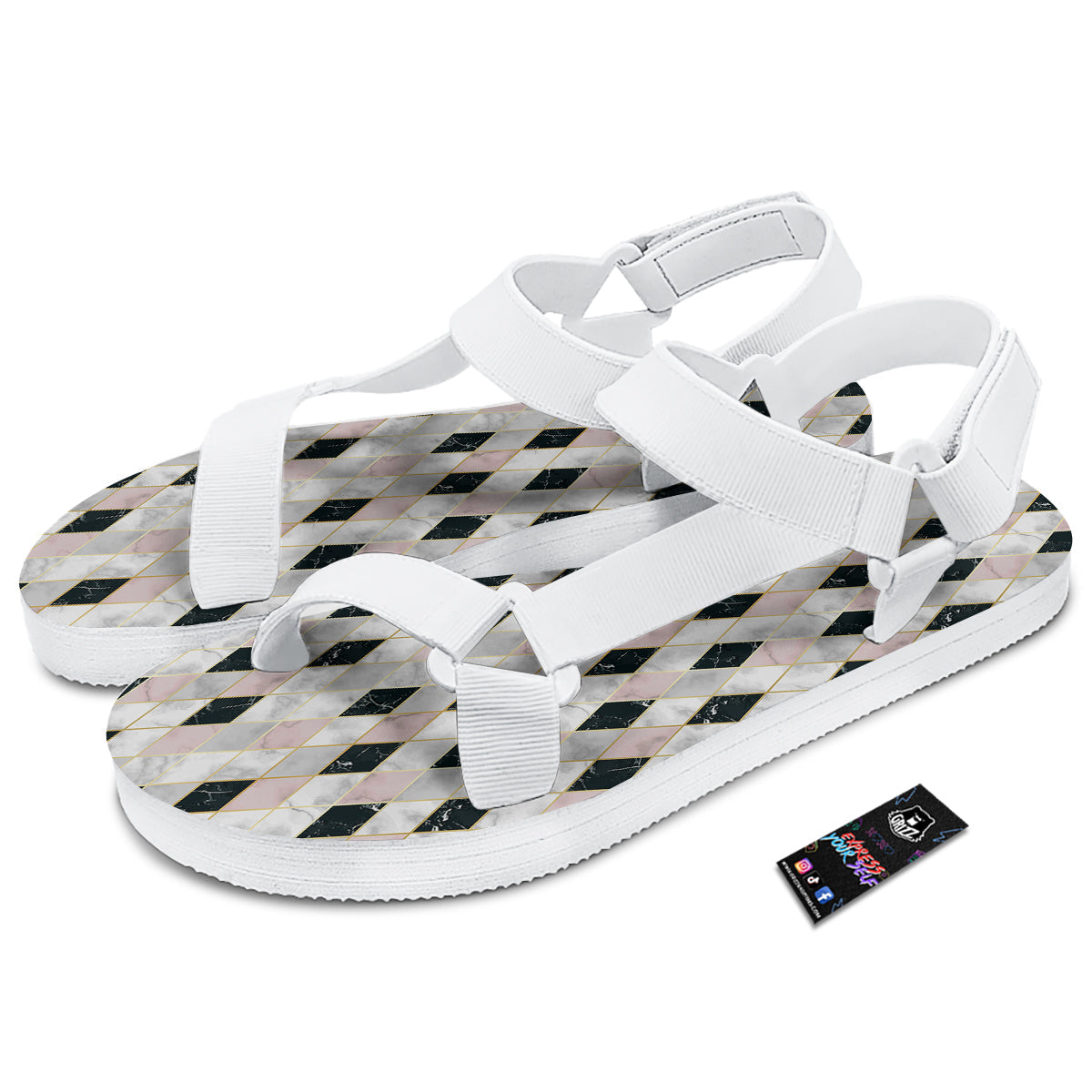 Marble Argyle White Pink And Black Print White Open Toe Sandals-grizzshop
