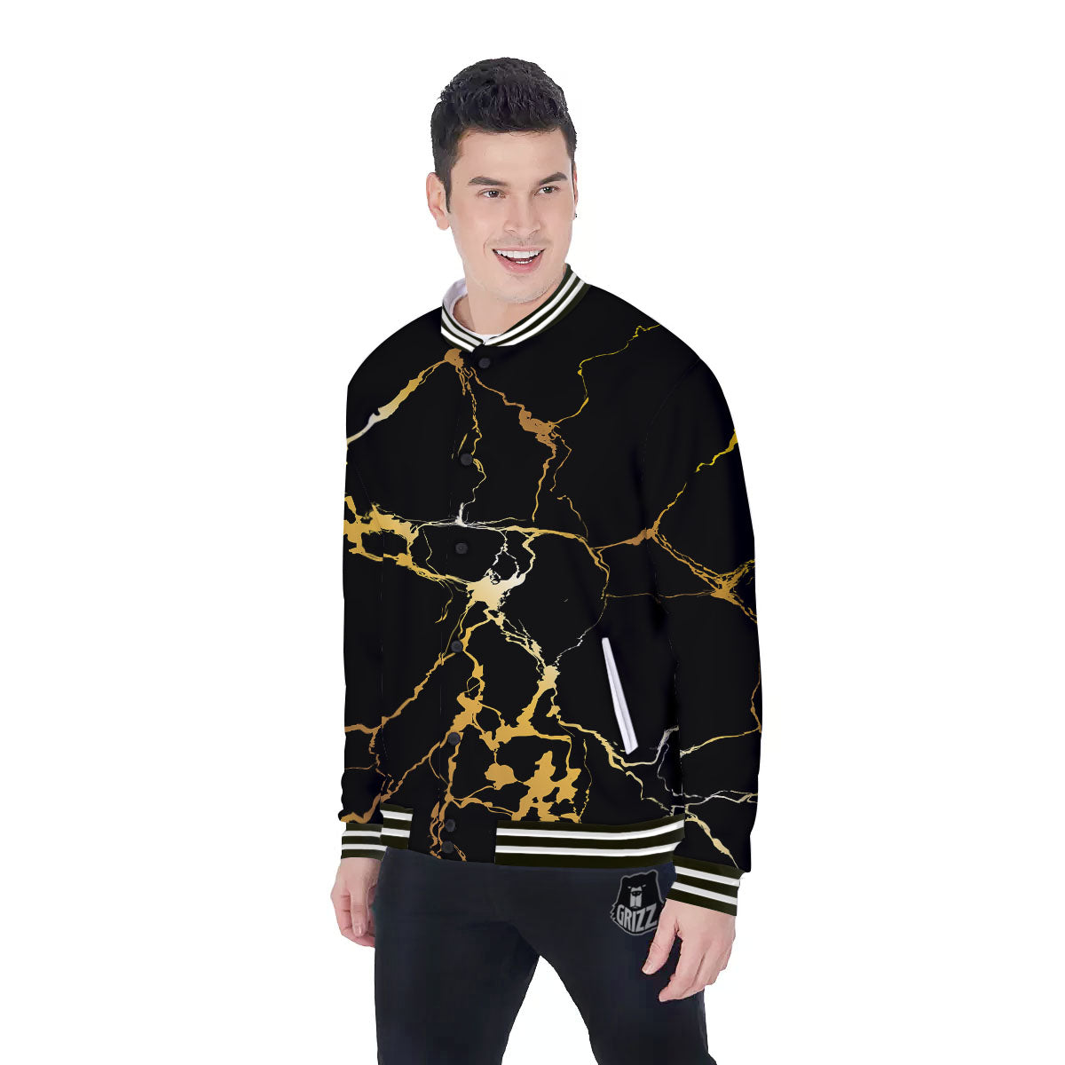 Marble Black Gold Print Baseball Jacket-grizzshop