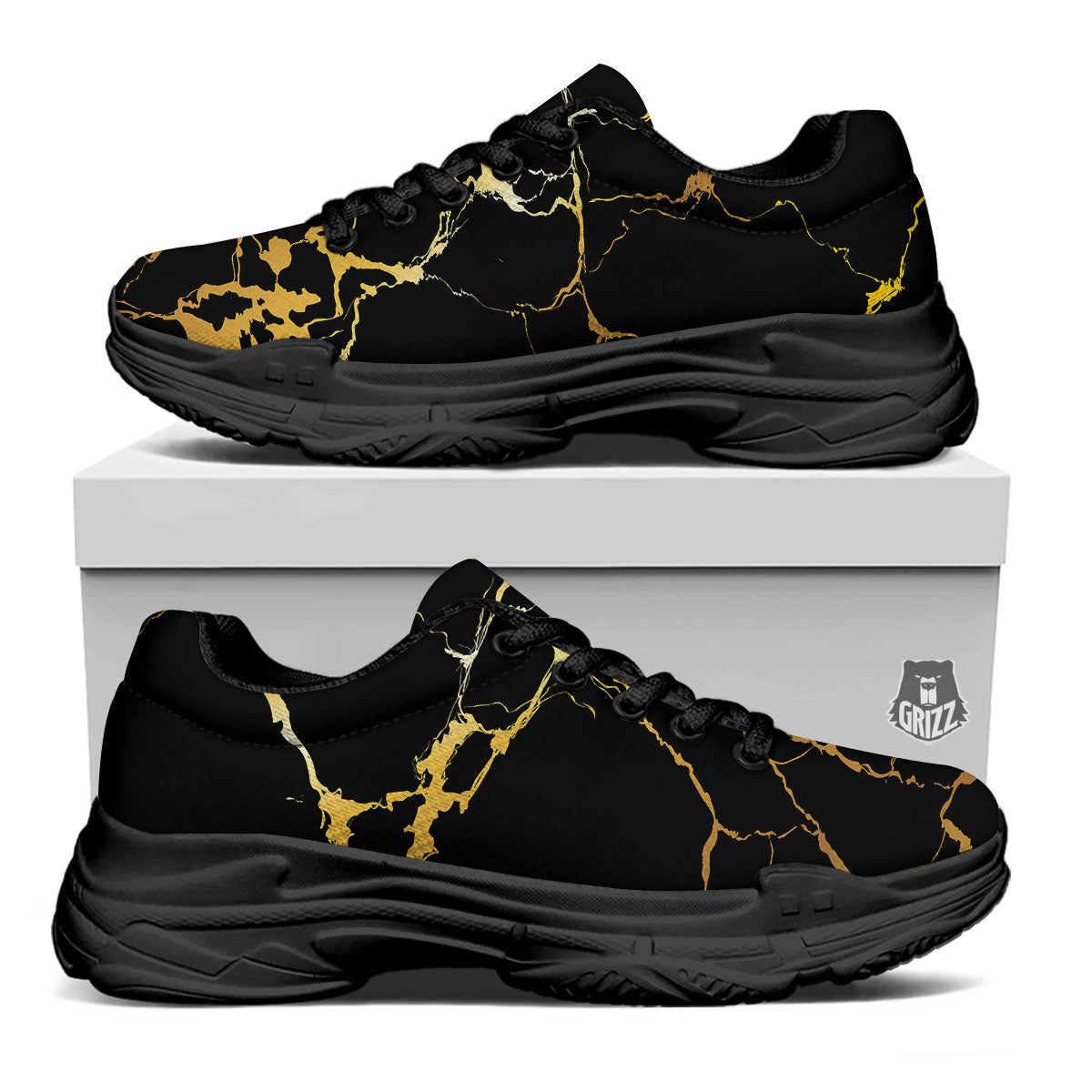 Marble Black Gold Print Black Chunky Shoes-grizzshop