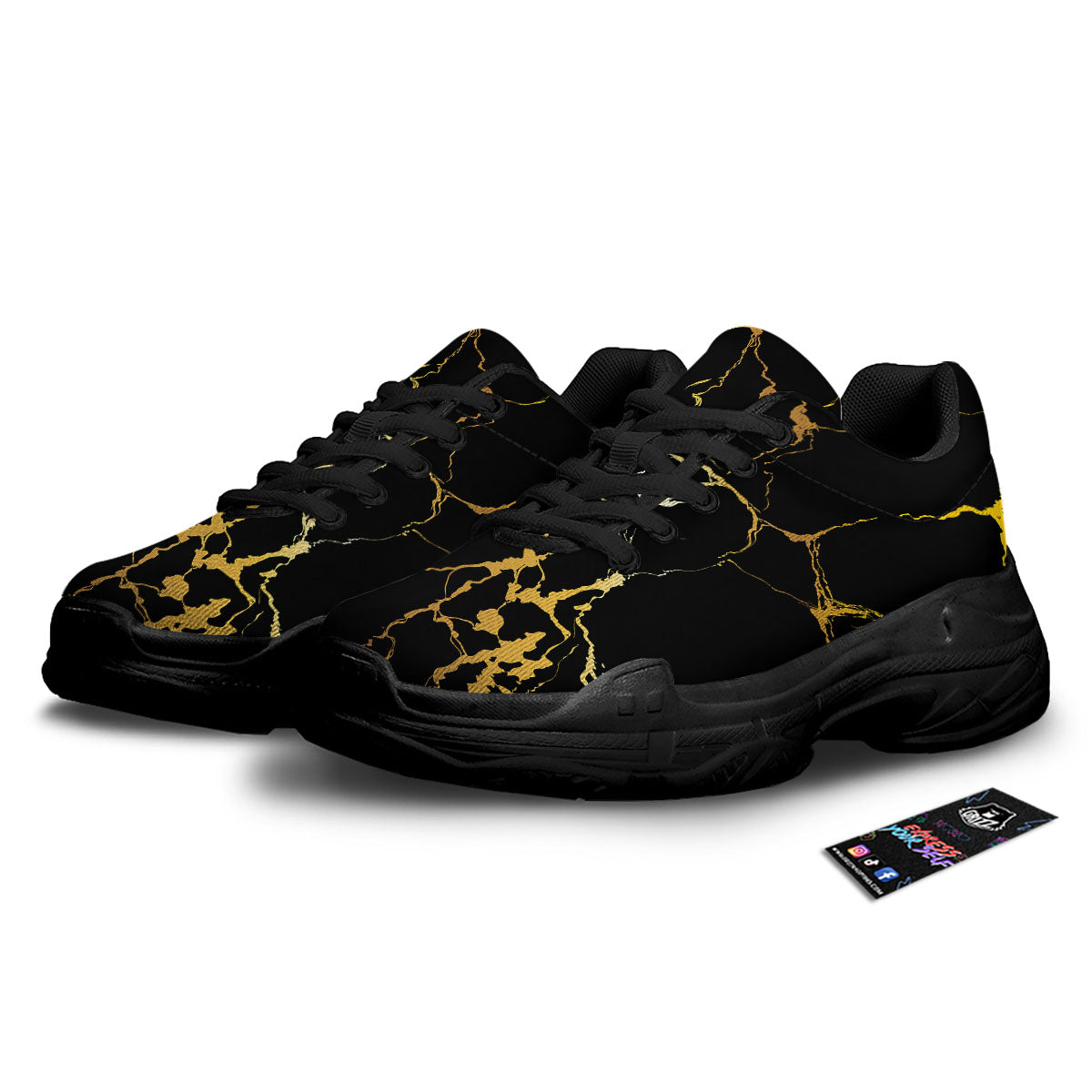Marble Black Gold Print Black Chunky Shoes-grizzshop