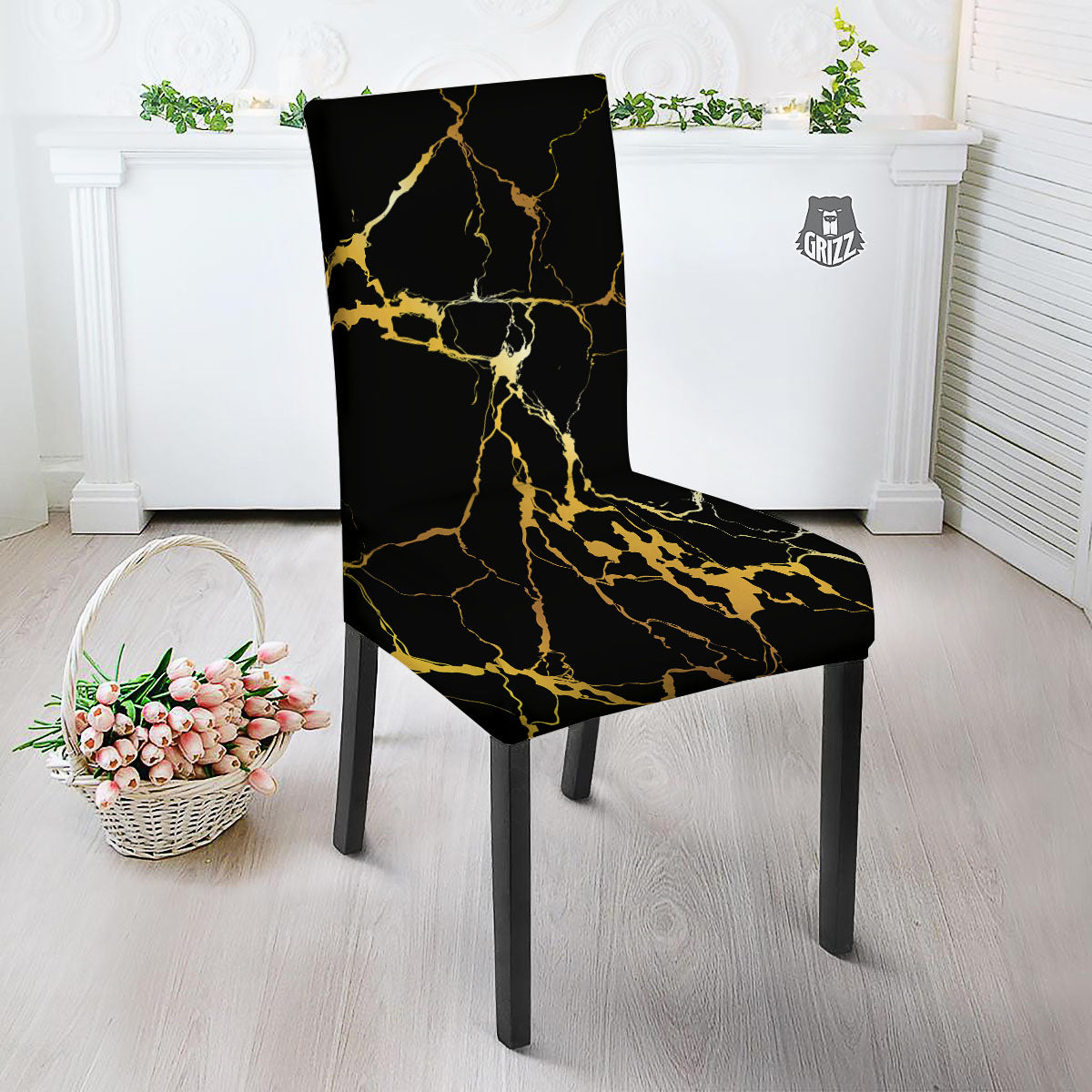 Marble Black Gold Print Dining Chair Slipcover-grizzshop