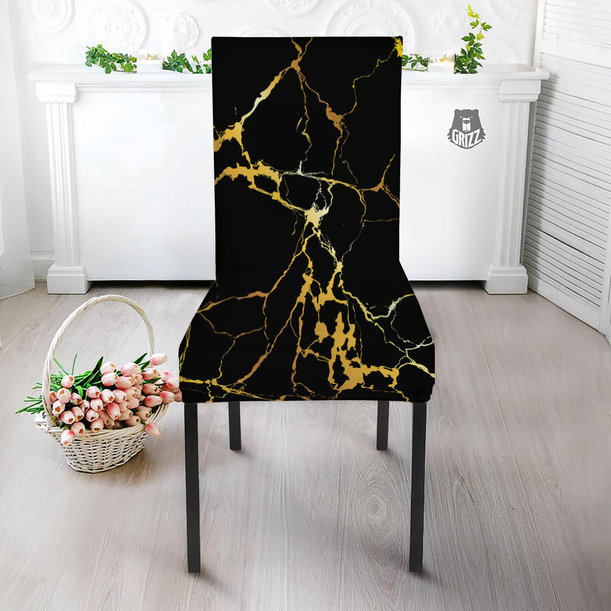 Marble Black Gold Print Dining Chair Slipcover-grizzshop
