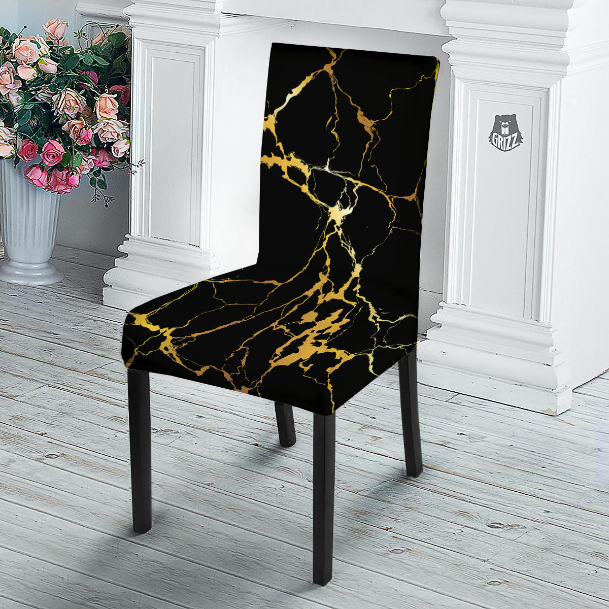 Marble Black Gold Print Dining Chair Slipcover-grizzshop