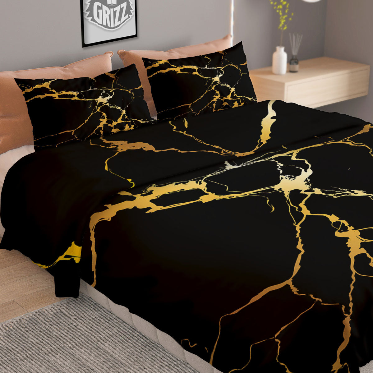 Marble Black Gold Print Duvet Cover Bedding Set