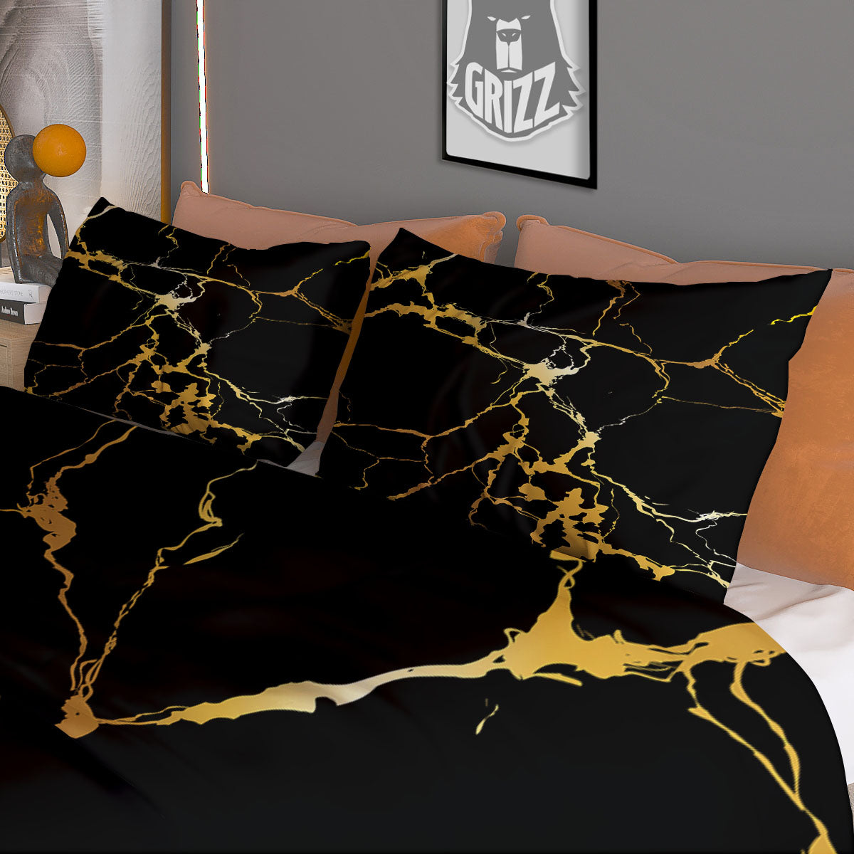 Marble Black Gold Print Duvet Cover Bedding Set