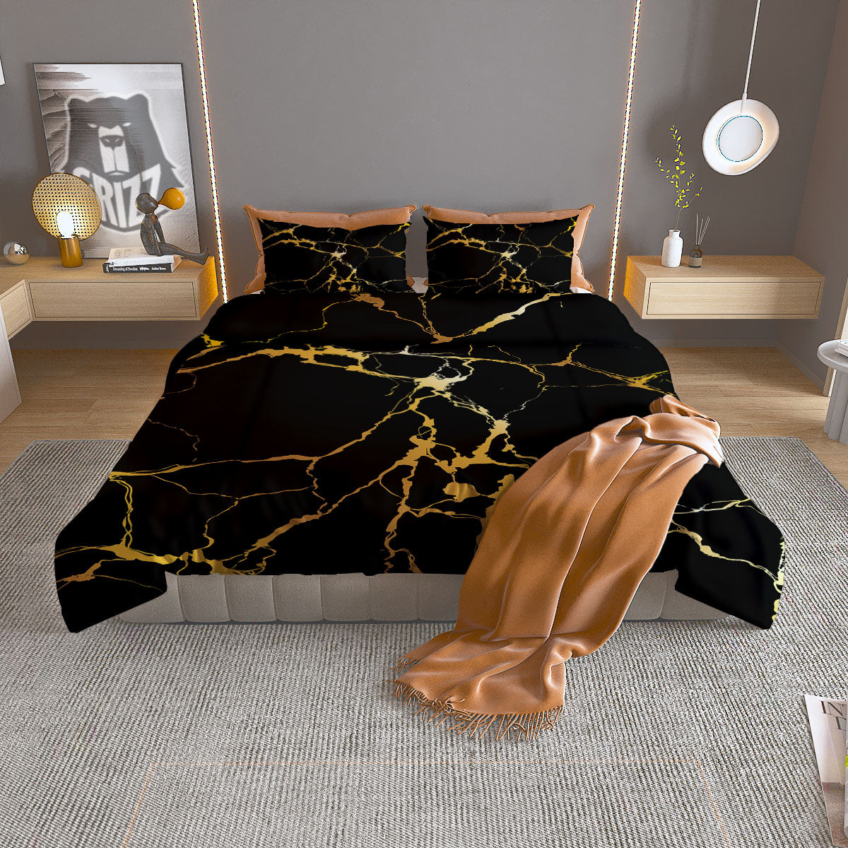 Marble Black Gold Print Duvet Cover Bedding Set