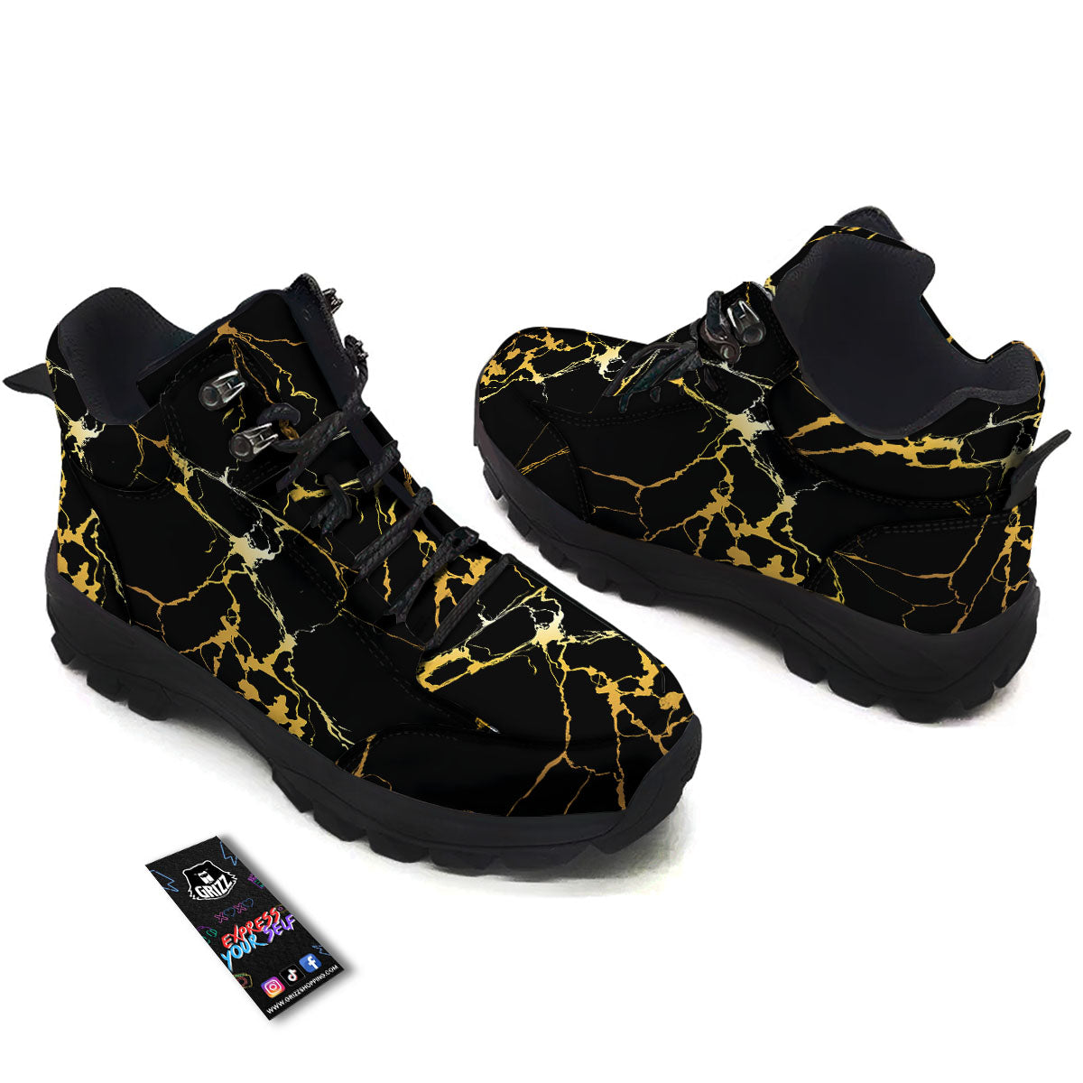Marble Black Gold Print Hiking Shoes-grizzshop