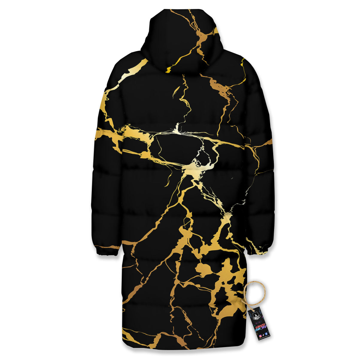 Marble Black Gold Print Long Down Jacket-grizzshop