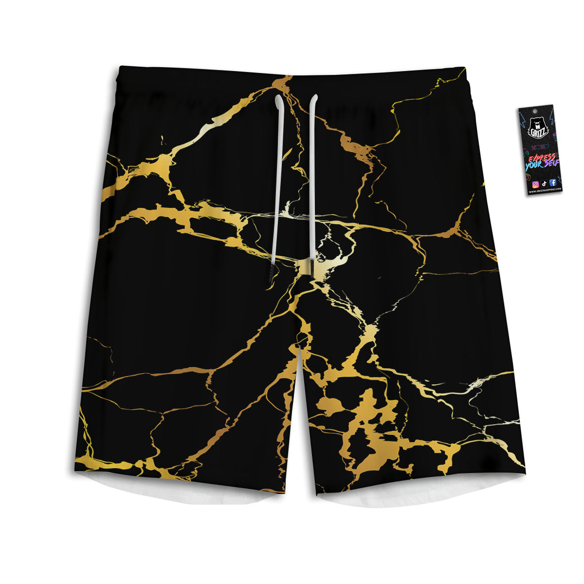 Marble Black Gold Print Men's Athletic Shorts
