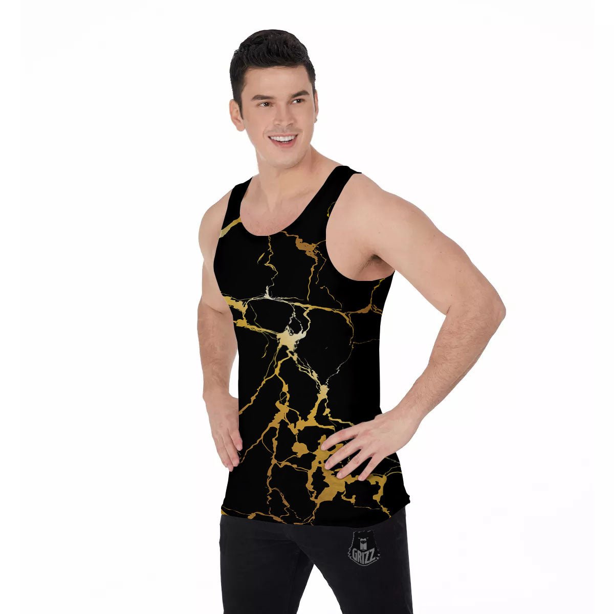 Marble Black Gold Print Men's Tank Top-grizzshop