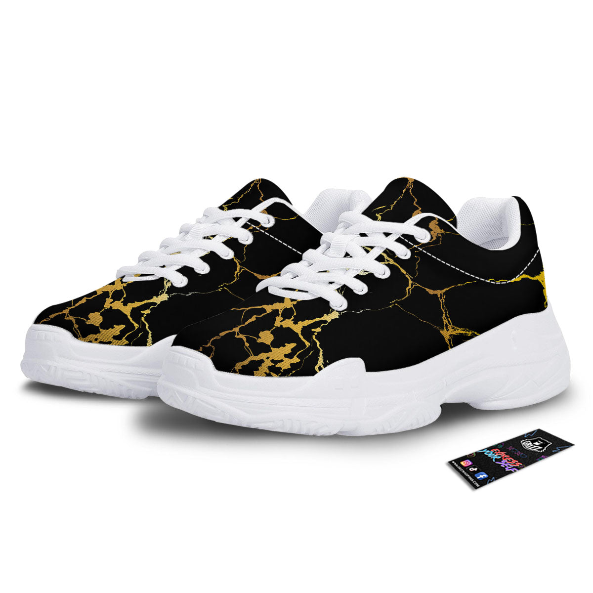 Marble Black Gold Print White Chunky Shoes-grizzshop