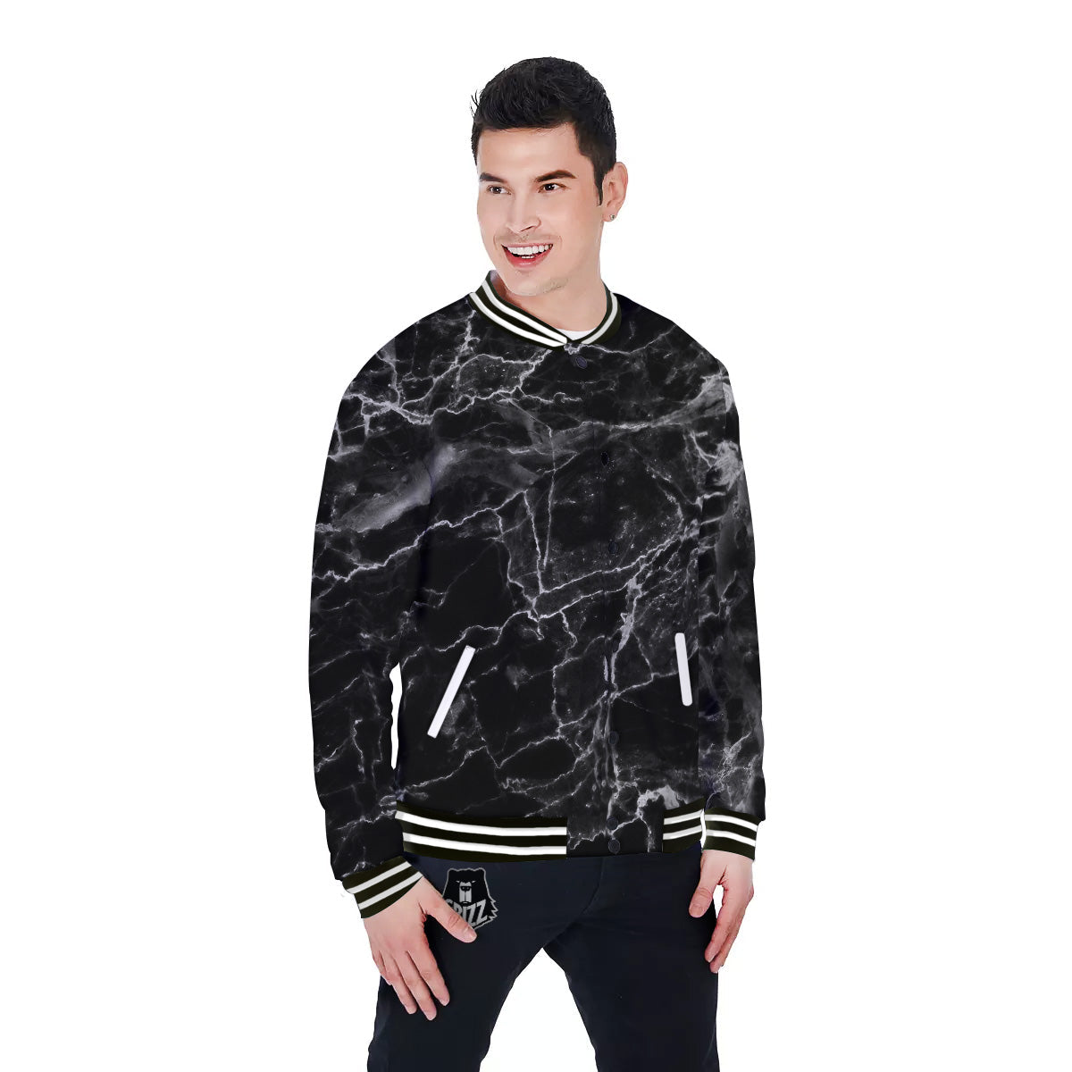 Marble Black Grey Print Baseball Jacket-grizzshop