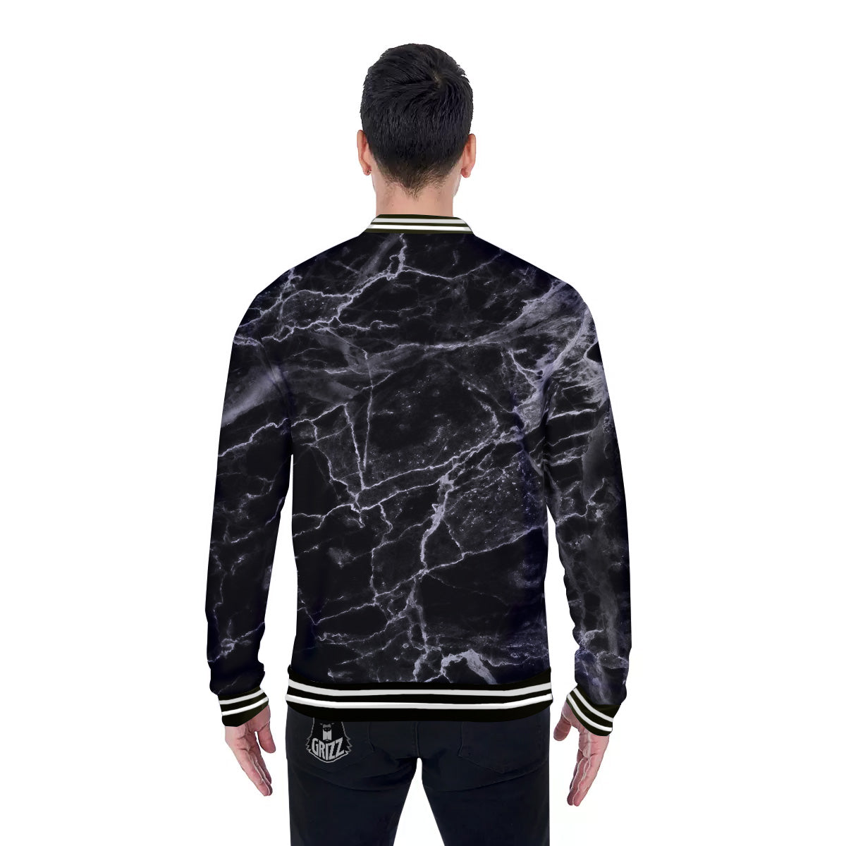 Marble Black Grey Print Baseball Jacket-grizzshop