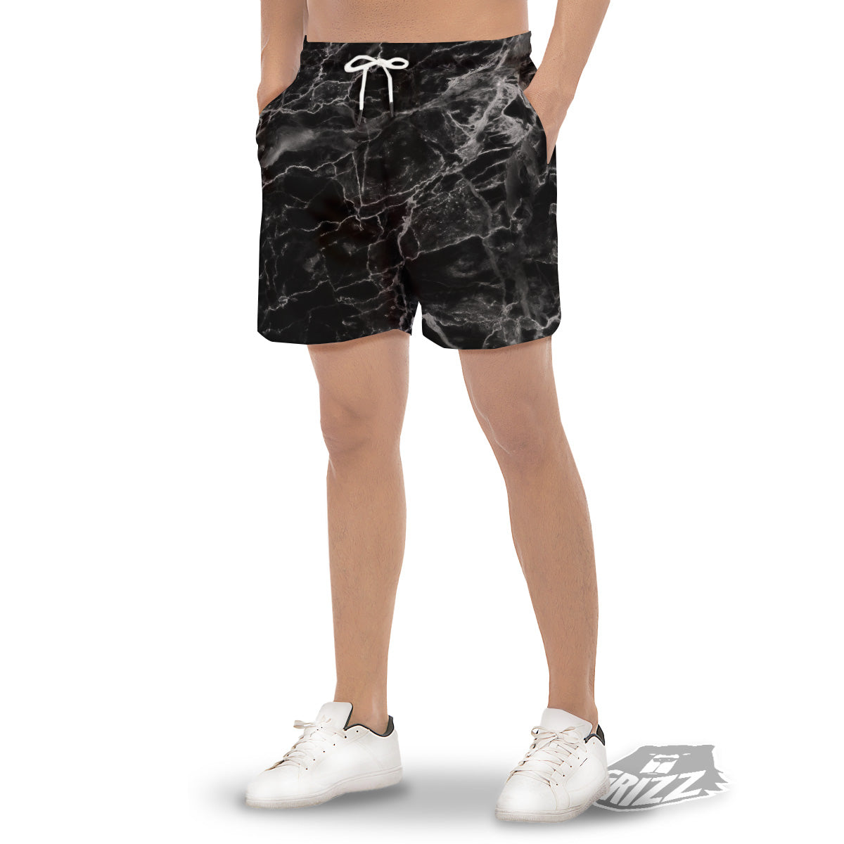 Marble Black Grey Print Men's Gym Shorts-grizzshop