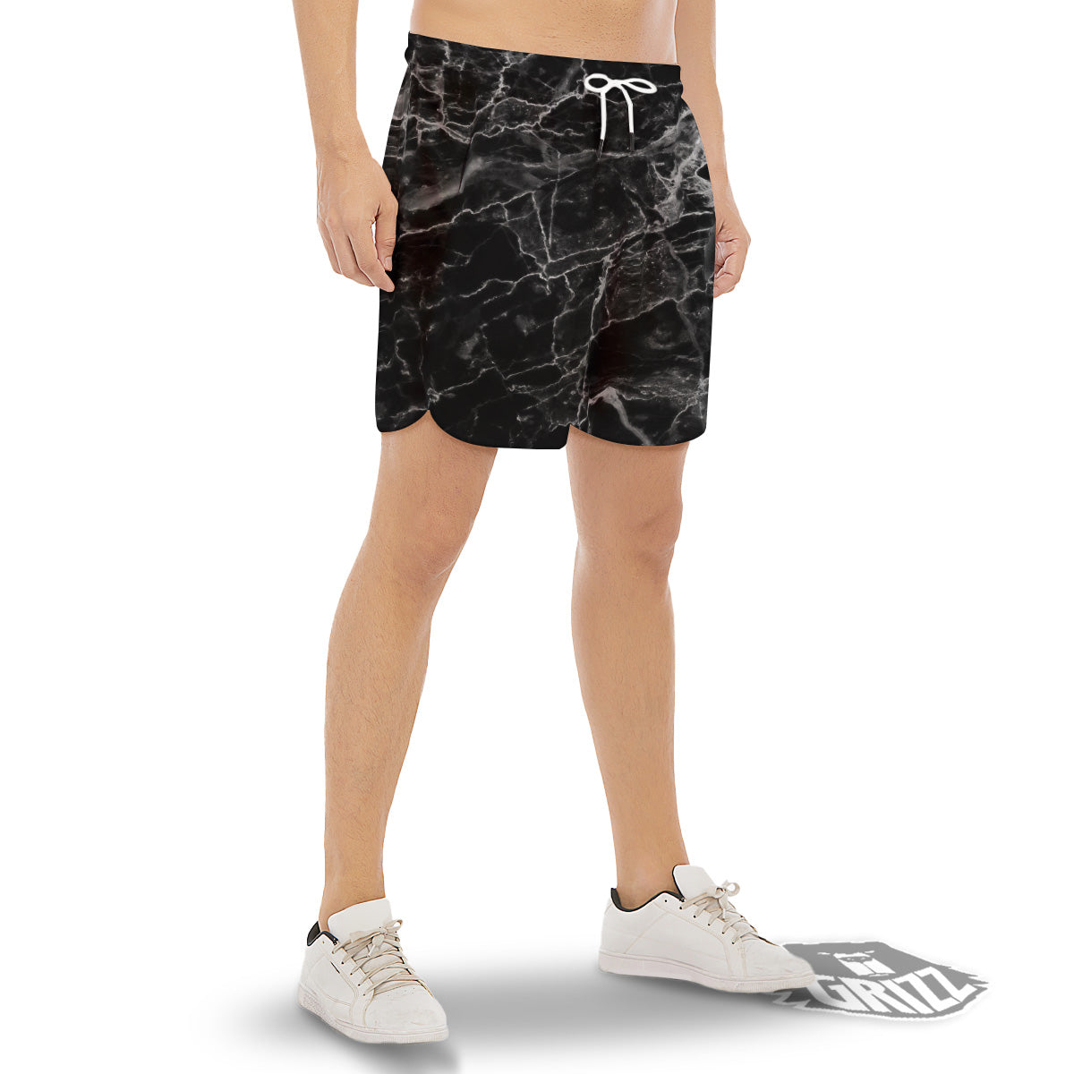 Marble Black Grey Print Men's Gym Shorts-grizzshop