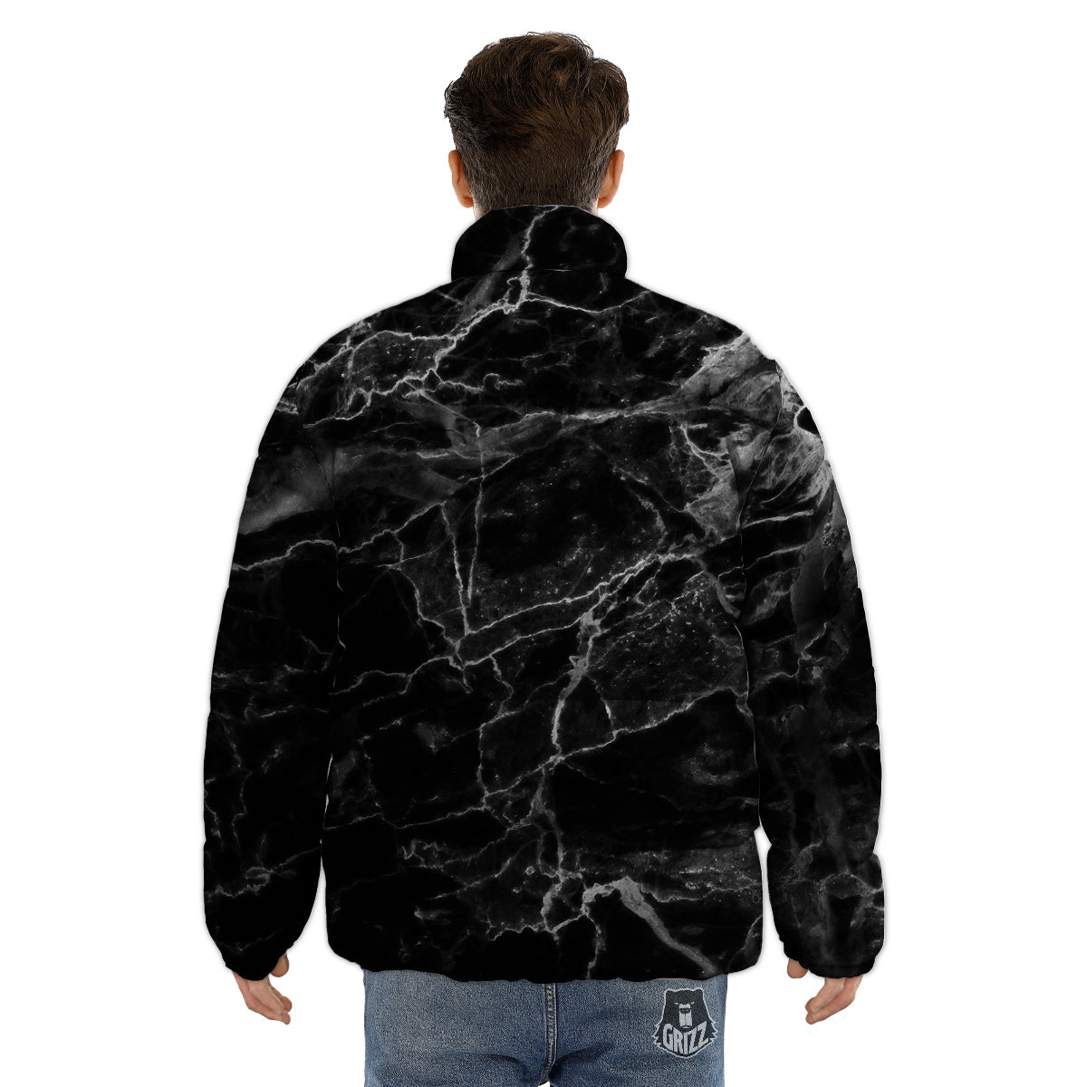 Marble Black Grey Print Puffer Jacket-grizzshop