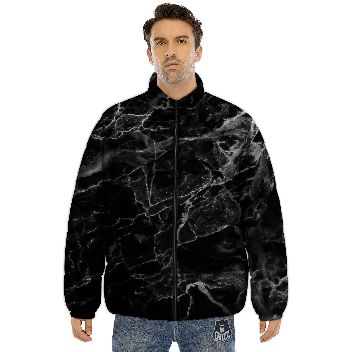 Marble Black Grey Print Puffer Jacket-grizzshop