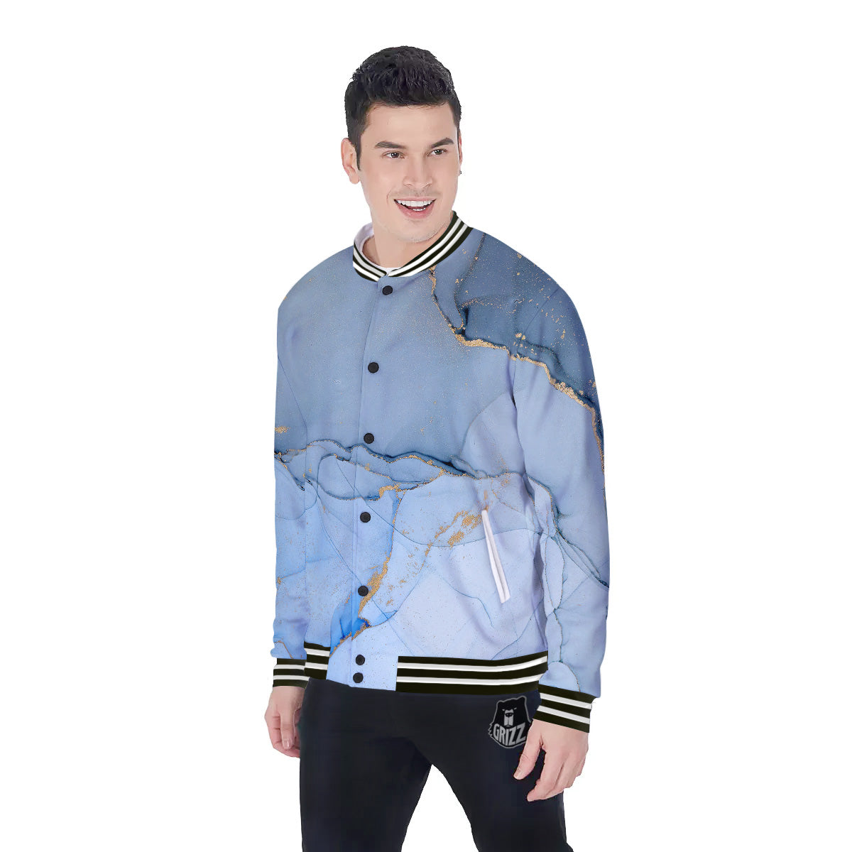 Marble Blue Print Baseball Jacket-grizzshop