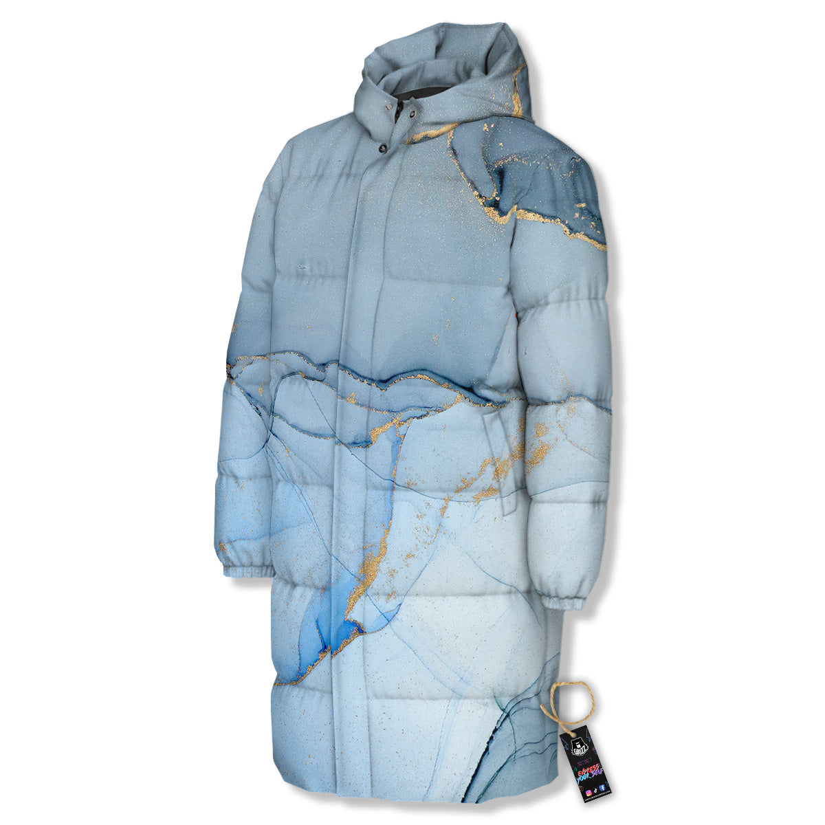 Marble Blue Print Long Down Jacket-grizzshop