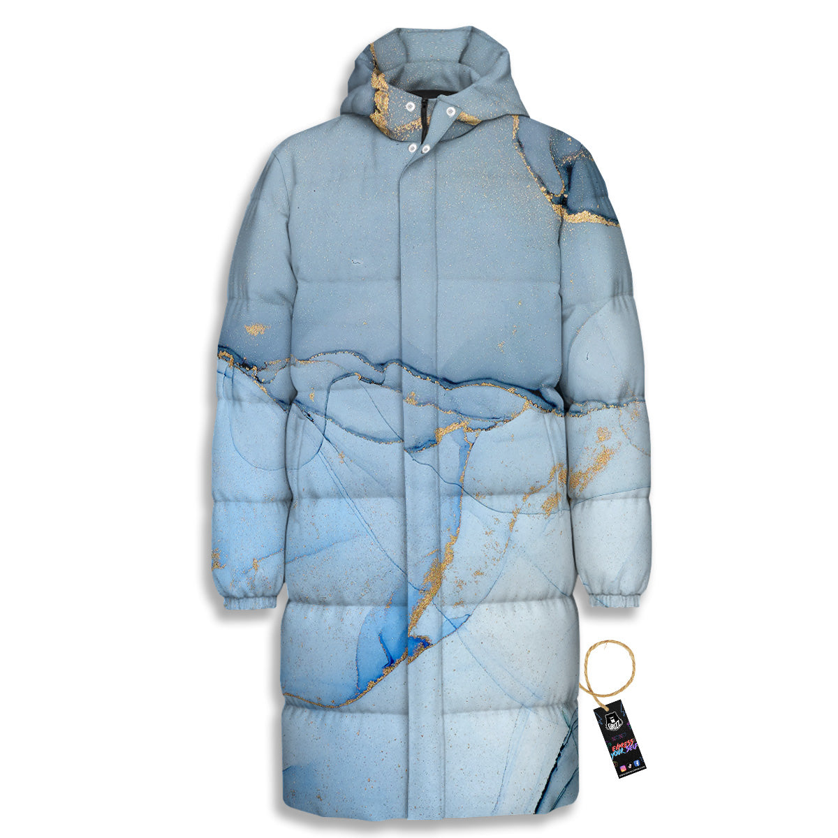 Marble Blue Print Long Down Jacket-grizzshop