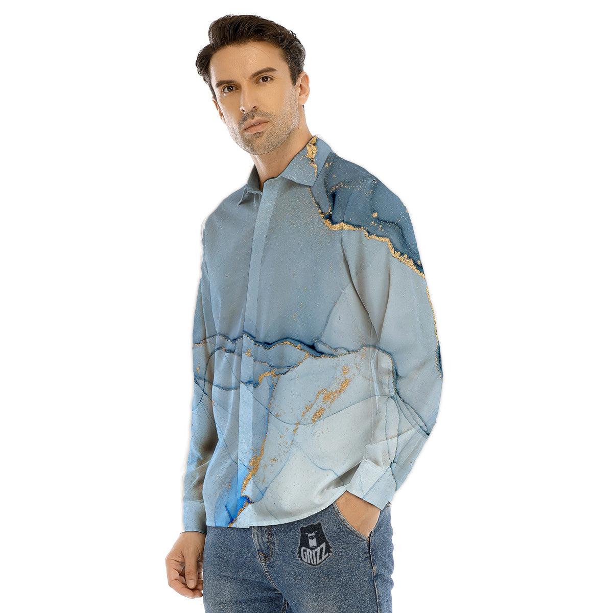 Marble Blue Print Men's Dress Shirts-grizzshop