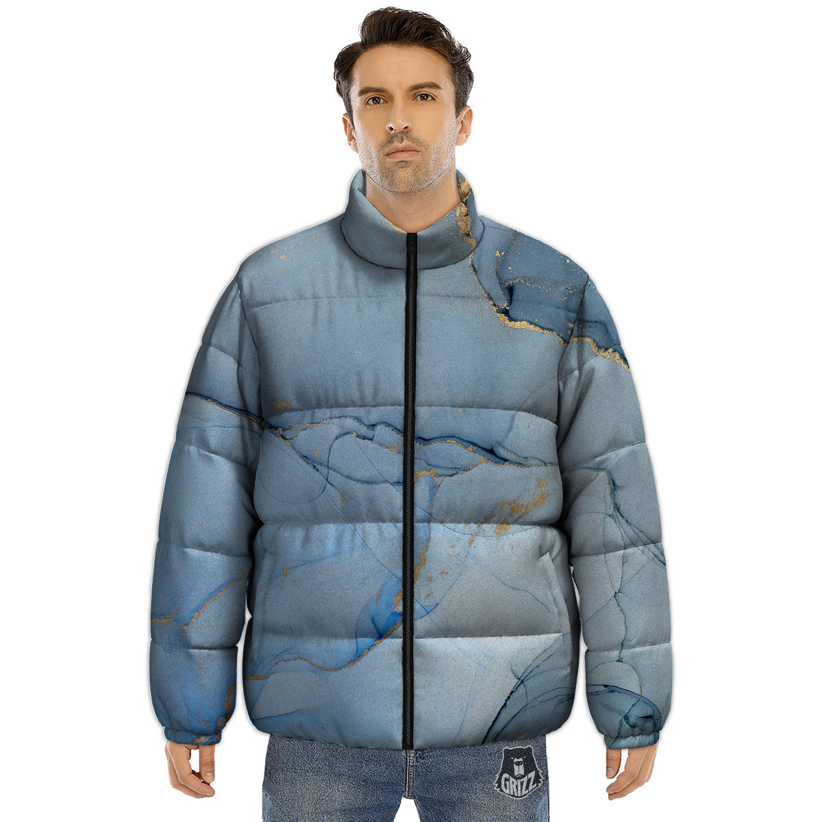Marble Blue Print Puffer Jacket-grizzshop
