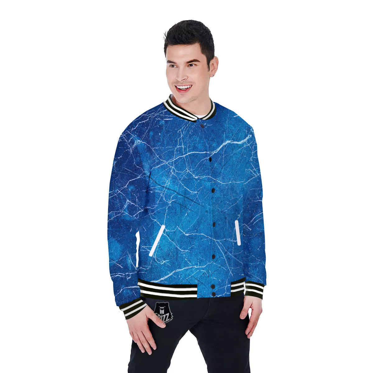 Marble Blue Sapphire Print Baseball Jacket-grizzshop
