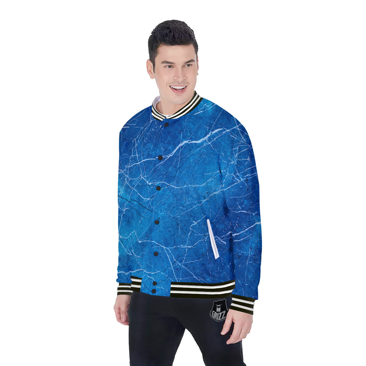Marble Blue Sapphire Print Baseball Jacket-grizzshop