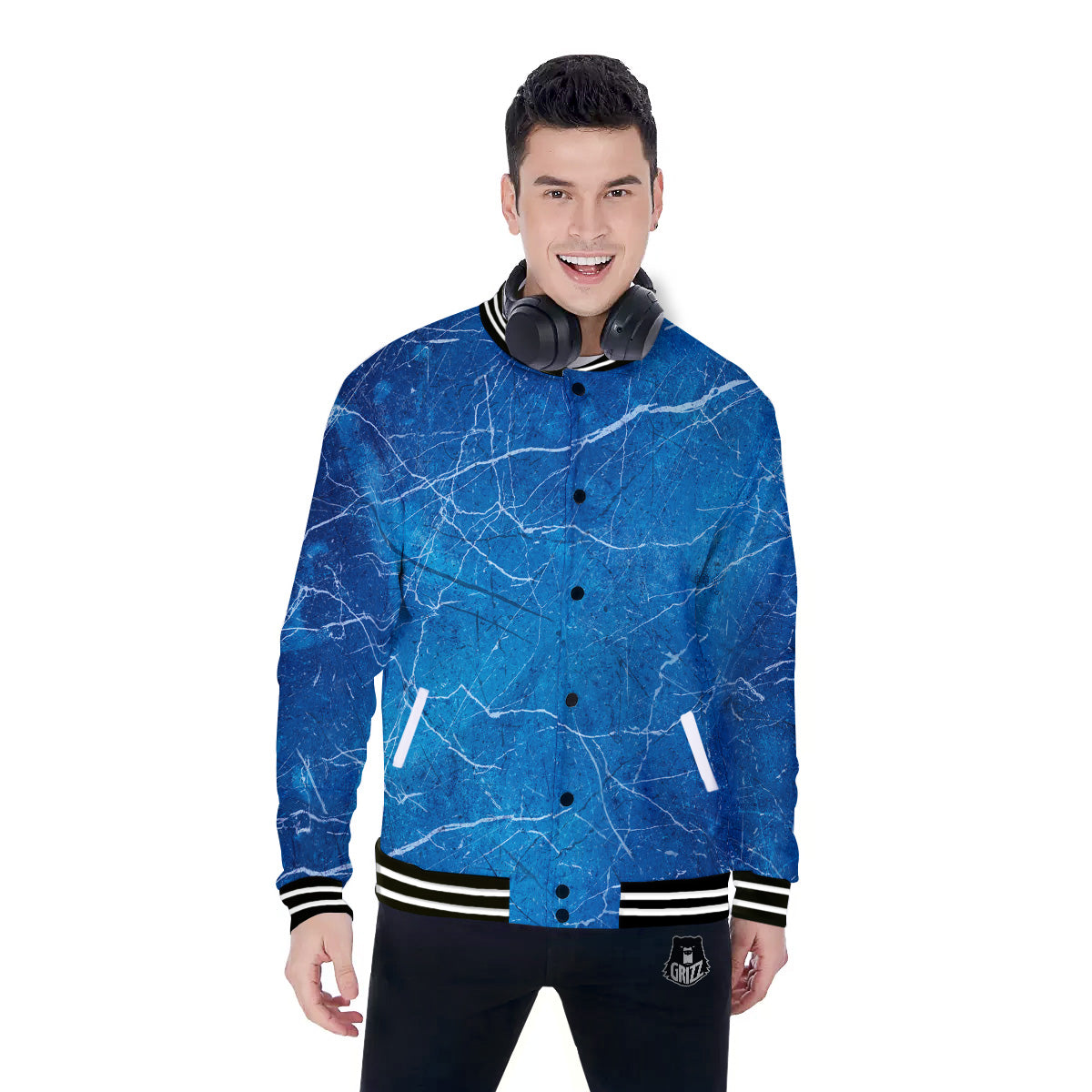 Marble Blue Sapphire Print Baseball Jacket-grizzshop