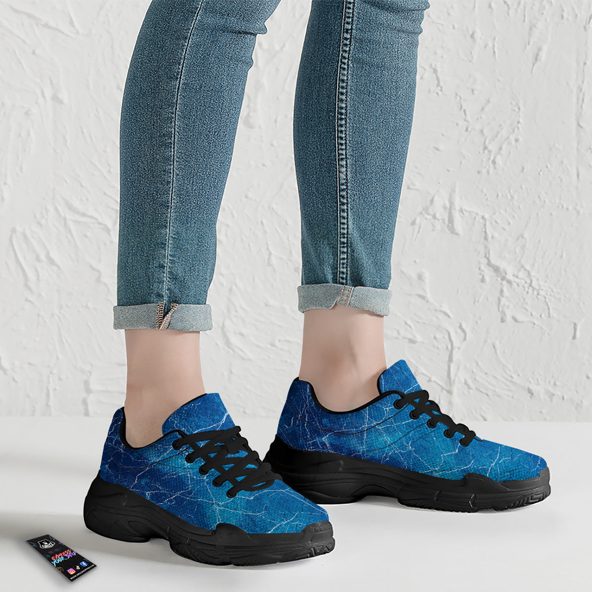Marble Blue Sapphire Print Black Chunky Shoes-grizzshop