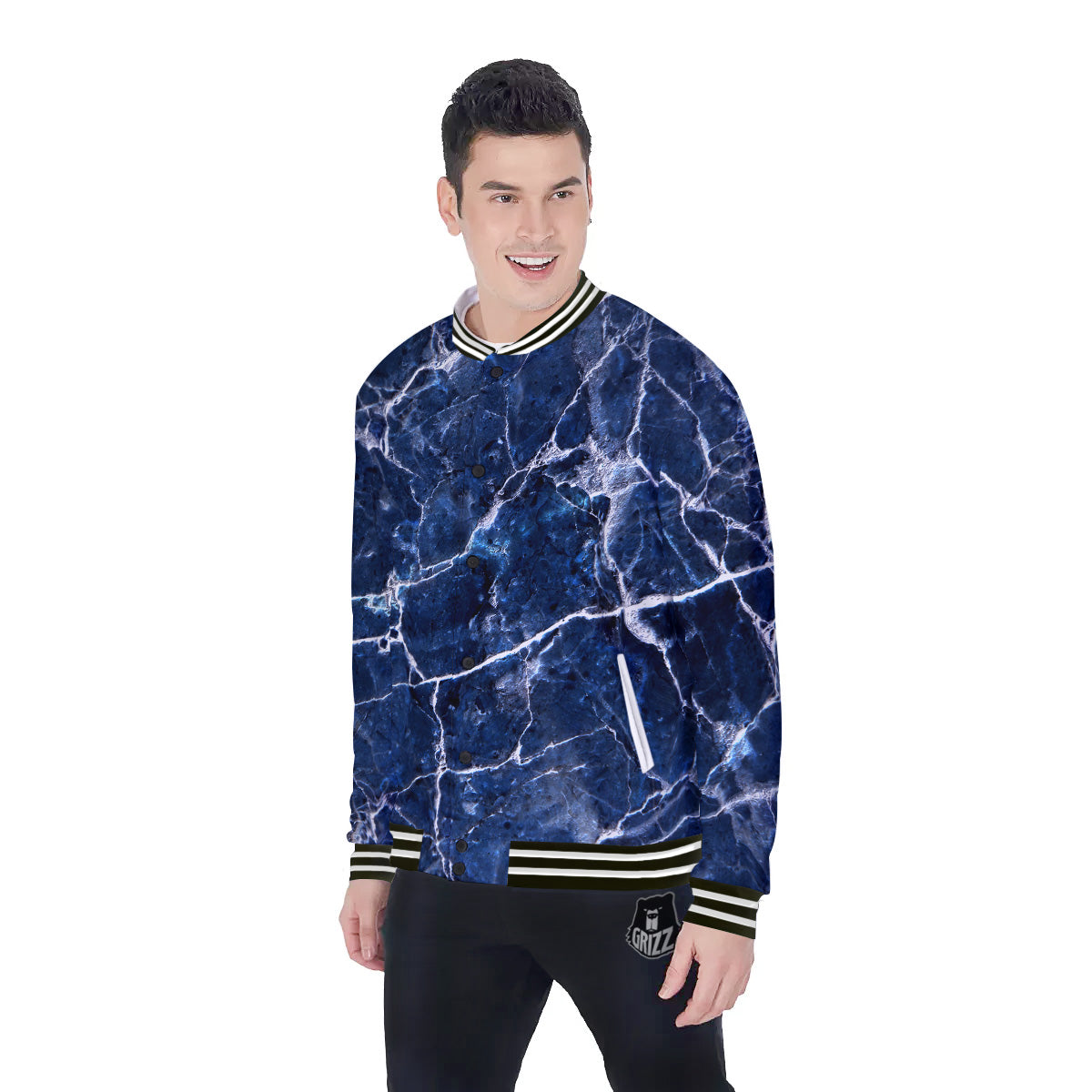 Marble Blue White Print Baseball Jacket-grizzshop