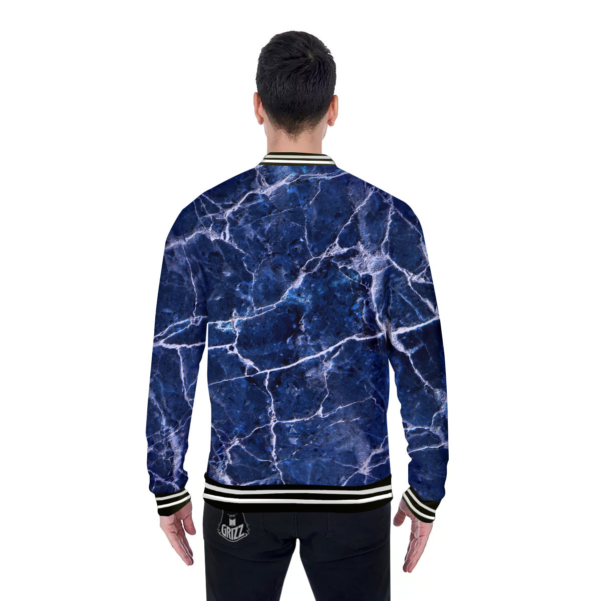 Marble Blue White Print Baseball Jacket-grizzshop