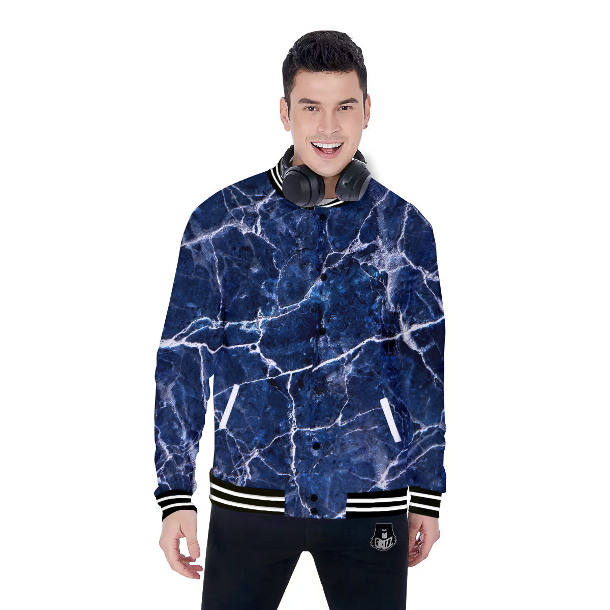Marble Blue White Print Baseball Jacket-grizzshop